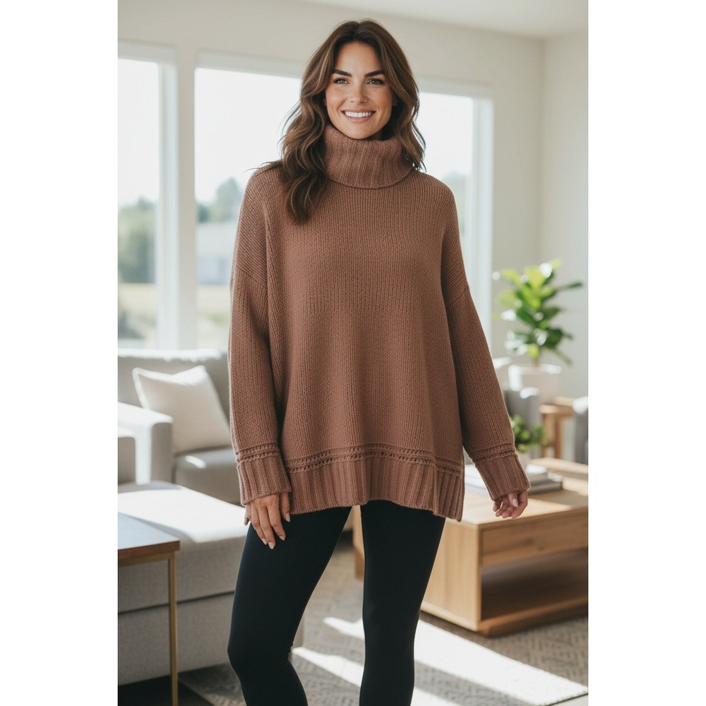 Aerie Cozy Knit Turtleneck Sweater Khaki Oversized Pullover Small